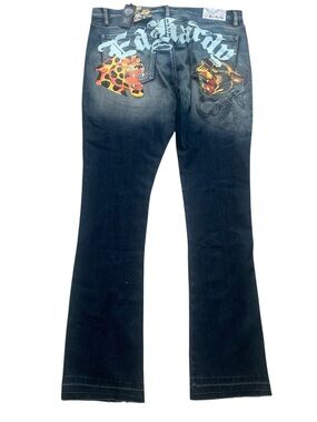 Ed Hardy Denim 5 Pocket Jeans Iconic Tattoo Inspired Panther & Cheetah Size 38